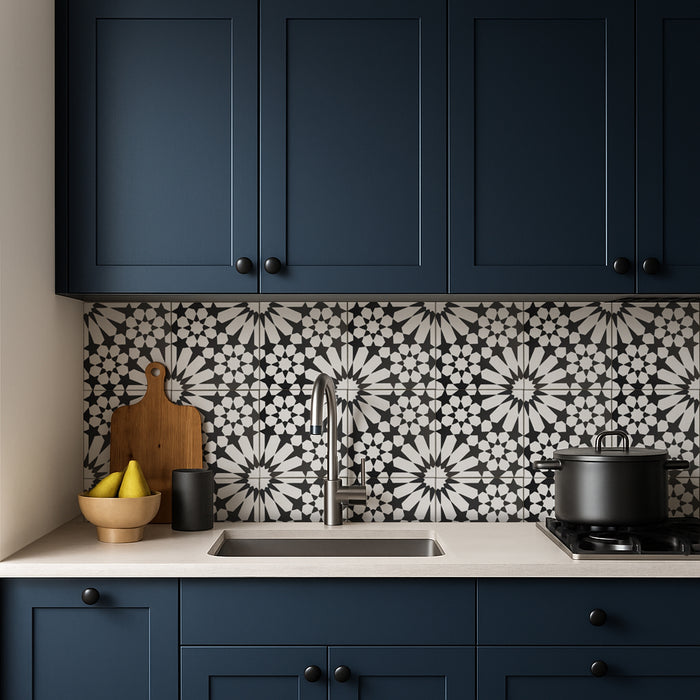 Fizaan Winter | Black & White Tile | Moroccan Tiles | 20cm x 20cm