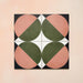 Group image showing four Geometry Moon 20x20cm geometric patterned tiles arranged to form a circular motif, featuring green and terracotta semicircles with black and cream corner details, photographed against a soft peach-toned background.