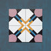 Four-tile layout of the Geometry Contour 20x20cm patterned tile, featuring intersecting mustard, teal, and navy lines forming a central diamond motif, with soft pink quarter circles in each corner against a white and deep charcoal background.