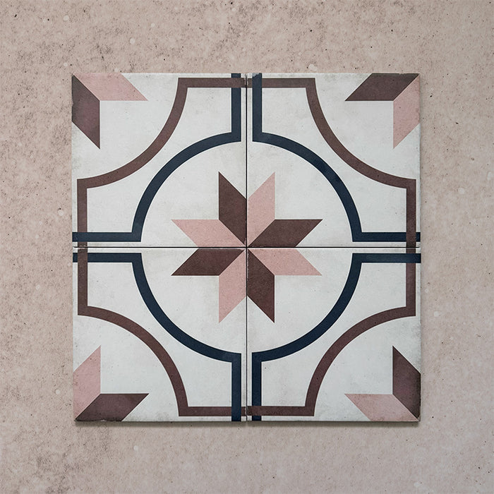 Four-tile layout of Carnaby Rose Victorian-style 20x20cm porcelain wall and floor tiles, displaying the central pink and brown star motif with navy curved framing on an aged white background.