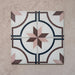 Four-tile layout of Carnaby Rose Victorian-style 20x20cm porcelain wall and floor tiles, displaying the central pink and brown star motif with navy curved framing on an aged white background.