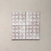 Bedouin Mequinez Rose Moroccan-style 15x15cm set of four tiles displayed together, showing a repeating geometric design in blush pink, beige, and white tones with a handcrafted, matte surface and soft textured detailing.
