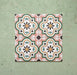 Cabana Paradise 20x20cm Moroccan-style ceramic tiles shown as a four-tile display, featuring a pink, green, and mustard floral pattern on a soft green background.