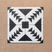 Alhambra Alkazar 20x20cm Moroccan tiles arranged in a 4-tile layout, featuring bold black triangular motifs on a crisp white background, forming a striking geometric diamond pattern on a terracotta surface.