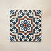 Four Brompton Grand 20x20cm Victorian-Moroccan-style ceramic tiles displayed together, featuring a symmetrical star and floral pattern in navy blue, terracotta, cream, and white tones on a light beige background.