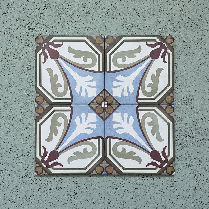 Four-tile layout of Carnaby Place Victorian-style 20x20cm porcelain wall and floor tiles, highlighting the ornate repeating floral and geometric pattern in olive, blue, cream, and deep red tones.