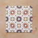 Cabana Manzanillo 20x20cm Moroccan-style porcelain tiles showing a four-tile layout with a geometric starburst pattern in blush pink, mustard, terracotta, lilac, and turquoise shades on a soft matt surface.