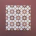 Close-up of four Agraba Cotto 20x20cm Moroccan-style ceramic tiles arranged together, highlighting the warm terracotta, beige, mustard, and white geometric star pattern on a soft burgundy background.
