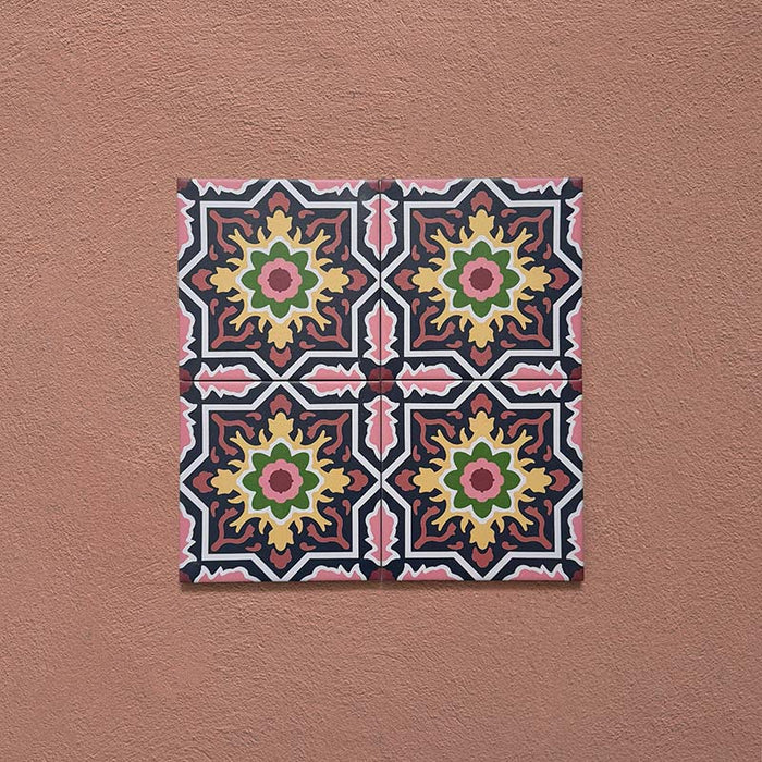 Cabana Havana Mini 15x15cm Moroccan-style ceramic tiles shown as a four-tile display, featuring a vibrant multicolour floral geometric pattern on a terracotta background.