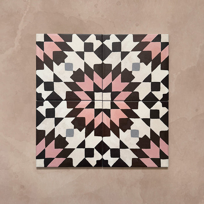 Cabana Mexico City Rose Moroccan Style 20x20cm four-tile layout displaying a striking starburst motif in rose pink, chocolate brown, black, white, and soft grey tones with a smooth matt finish