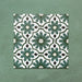 Flatlay featuring four Clarence House Verde Green 20x20cm Victorian Moroccan-style porcelain tiles, forming a repeating geometric floral pattern in green, white, and black on a textured green background.