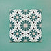 Flatlay featuring four Clarence House Teal Green 20x20cm Victorian Moroccan-style porcelain tiles, forming a repeating teal, white, and black geometric floral pattern on a green background.
