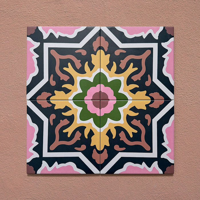 Cabana Havana 20x20cm Moroccan-style ceramic tiles shown as a four-tile display, featuring a multicolour floral geometric pattern on a terracotta background