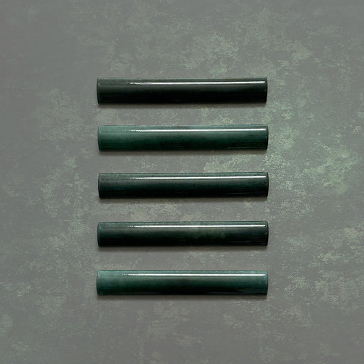 Zellij Gloss Green bullnose Moroccan style tiles, 3cm x 20cm, deep green colour with natural tonal variation, glossy glazed finish, rounded bullnose edge trim, handcrafted-look ceramic detail.
