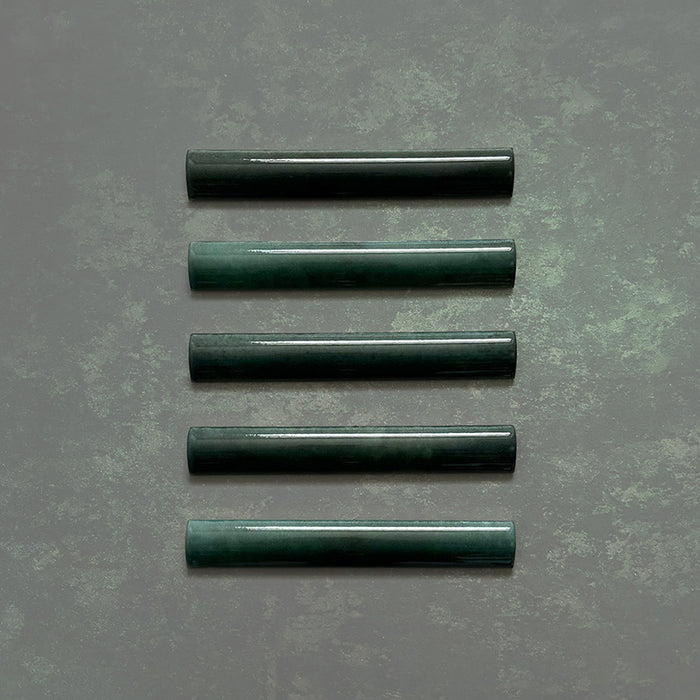 Zellij Gloss Green bullnose Moroccan style tiles, 3cm x 20cm, deep green colour with natural tonal variation, glossy glazed finish, rounded bullnose edge trim, handcrafted-look ceramic detail.