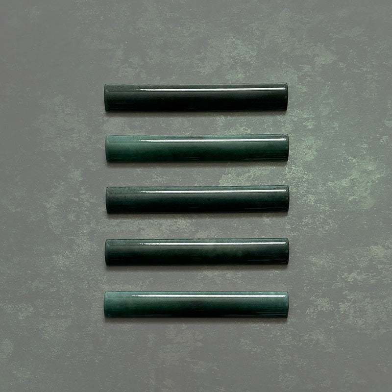 Zellij Gloss Green bullnose Moroccan style tiles, 3cm x 20cm, deep green colour with natural tonal variation, glossy glazed finish, rounded bullnose edge trim, handcrafted-look ceramic detail.