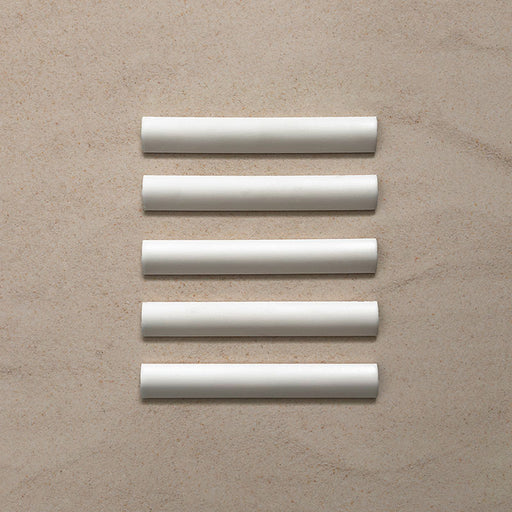 Zellij Oyster Bullnose Moroccan-style trims in a 3cm x 20cm format, featuring a glossy off-white glaze and smooth rounded profile, shown as a set of five pieces laid flat on a neutral background.