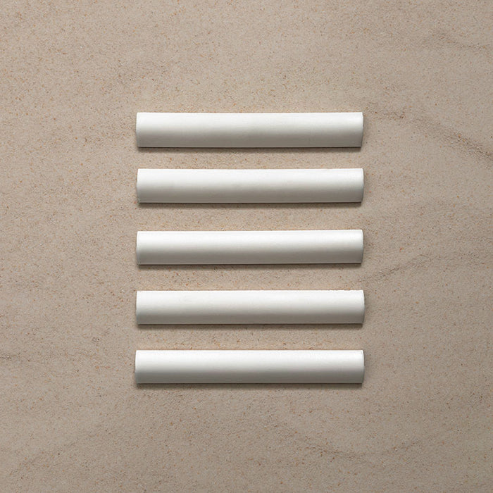 Zellij Oyster Bullnose Moroccan-style trims in a 3cm x 20cm format, featuring a glossy off-white glaze and smooth rounded profile, shown as a set of five pieces laid flat on a neutral background.