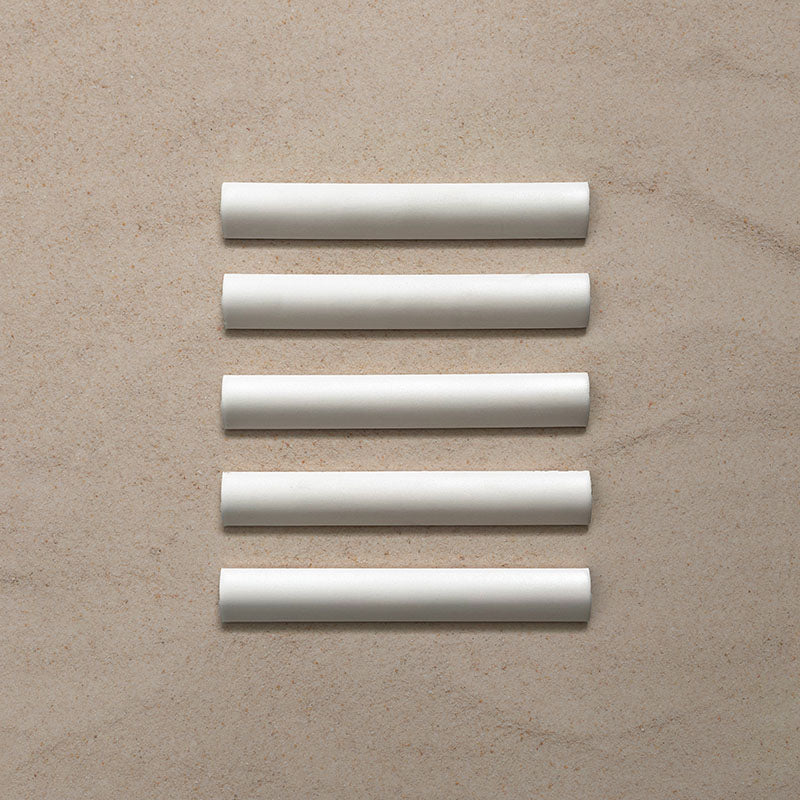 Zellij Oyster Bullnose Moroccan-style trims in a 3cm x 20cm format, featuring a glossy off-white glaze and smooth rounded profile, shown as a set of five pieces laid flat on a neutral background.