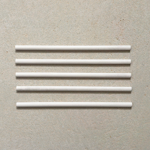 Izmir Blanco Gloss Pencil Bullnose Border Tile 1.2x30cm — shown as a set of five. These slim, glossy border trims are perfect for adding a polished finish to your Izmir Blanco tile installation. Their handcrafted charm and subtle white sheen make them ideal for clean, elegant wall detailing.