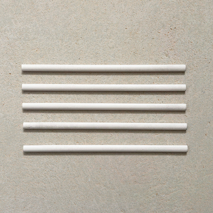 Izmir Blanco Gloss Pencil Bullnose Border Tile 1.2x30cm — shown as a set of five. These slim, glossy border trims are perfect for adding a polished finish to your Izmir Blanco tile installation. Their handcrafted charm and subtle white sheen make them ideal for clean, elegant wall detailing.