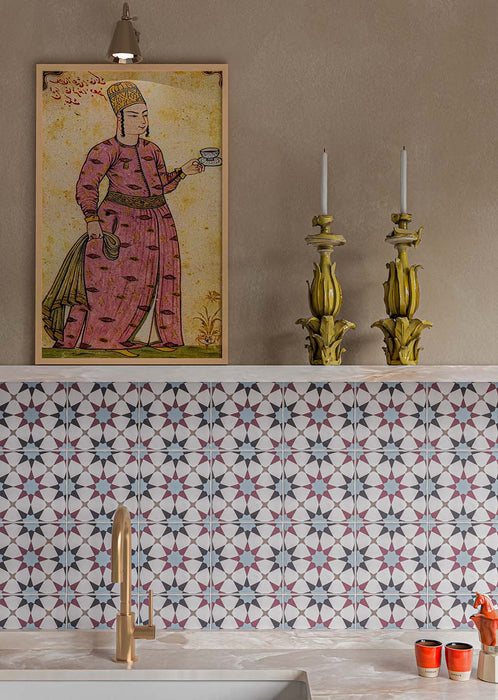 Agraba Mini Atlas 15cm x 15cm Moroccan style tiles, showcasing an intricate geometric pattern in soft blue, burgundy and white across a statement kitchen splashback, finished with warm brass details.