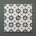 Agraba Natural 20x20cm Moroccan tiles shown in a 4-tile layout with an eight-point star design in beige, olive, and taupe on a white background, highlighting the intricate geometric pattern and colour harmony.