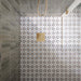 Walk-in shower featuring Agraba Natural Moroccan style patterned floor tiles, paired with sage green vertically laid wall tiles, a frameless glass shower screen and brushed brass shower fittings for a contemporary, Mediterranean-inspired bathroom.