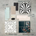 Interior design moodboard featuring Alhambra Casa 20x20cm Moroccan tile with its bold black and white fan pattern, paired with Zellij Aqua, Zellij Pink Mist, Alhambra Palacio, and Patisserie Oil Blue tiles — styled with soft fabric swatches and accessories for modern home inspiration.