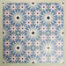 Fizaan Artisan Moroccan-style 20×20cm porcelain tiles laid in a repeating geometric pattern, featuring blue, green and soft pink star motifs.