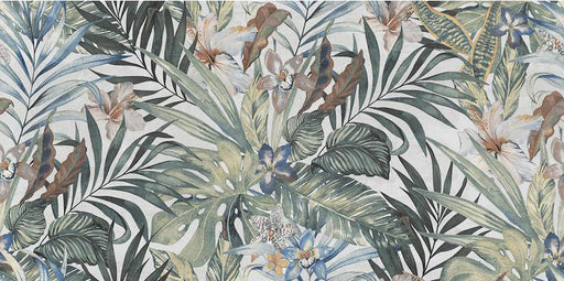 Close-up of Barbados 60 × 120cm wall and floor tiles, highlighting a layered tropical leaf design with soft greens, warm neutrals, and subtle floral accents for a rich, decorative finish.