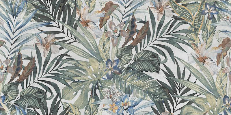 Close-up of Barbados 60 × 120cm wall and floor tiles, highlighting a layered tropical leaf design with soft greens, warm neutrals, and subtle floral accents for a rich, decorative finish.