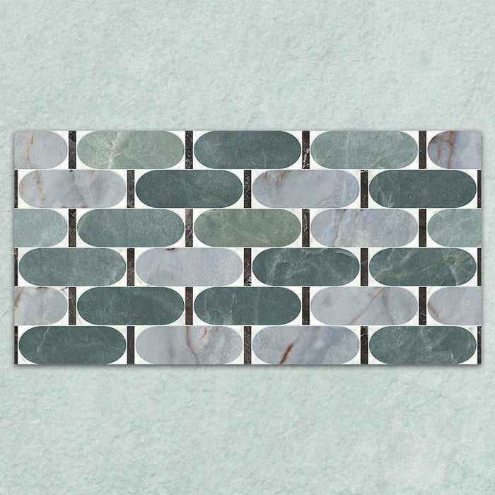 Bassano Abacus 3D Décor 60 × 120cm patterned wall and floor tile featuring elongated geometric detailing in soft green, grey, and marble-effect tones with a contemporary decorative finish.