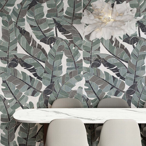 Dining area featuring Bassano Bali 3D Décor 60 × 120cm patterned wall and floor tiles, styled with tropical leaf detailing, marble-effect surfaces, soft neutral seating, and contemporary lighting for a bold interior statement.