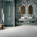 Luxury bathroom featuring Bassano Bali 3D Décor 60 × 120cm patterned wall and floor tiles, paired with marble-effect surfaces, double vanity basins, arched mirrors, and a walk-in shower for a tropical-inspired contemporary interior.