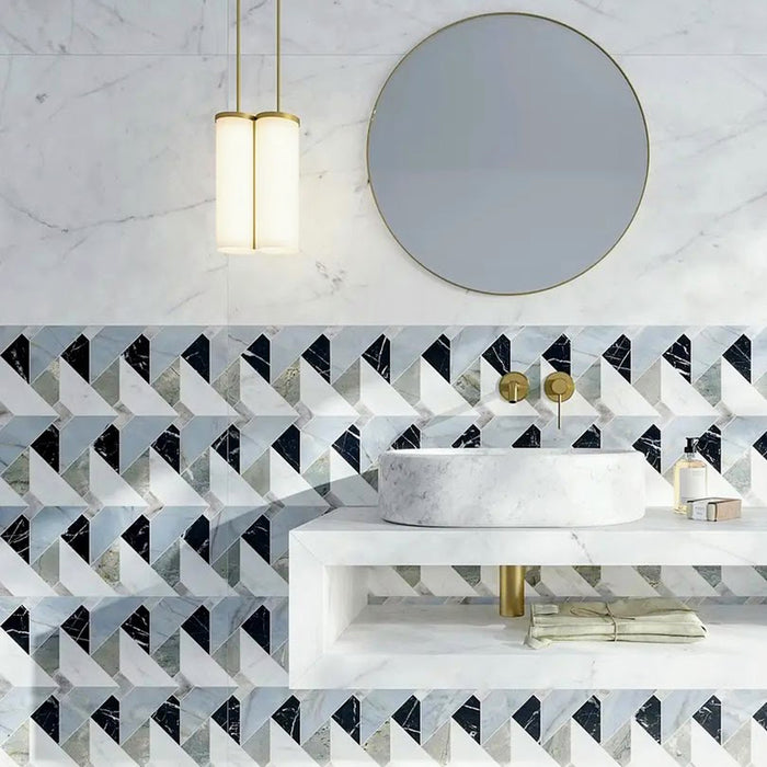 Bathroom interior featuring Bassano Diamond Tips 3D Décor 60 × 120cm patterned wall and floor tiles, paired with marble-effect surfaces, brass fittings, circular mirror, and a contemporary floating vanity unit.
