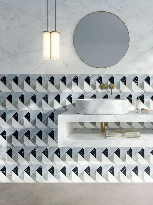 Bathroom interior featuring Bassano Diamond Tips 3D Décor 60 × 120cm patterned wall and floor tiles, paired with marble-effect surfaces, brass fittings, circular mirror, and a contemporary floating vanity unit.