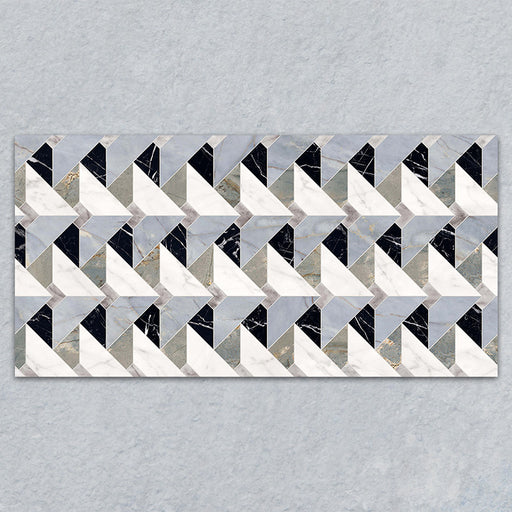 Bassano Diamond Tips 3D Décor 60 × 120cm patterned wall and floor tile featuring geometric diamond detailing in marble-effect grey, white, and black tones with a bold contemporary decorative finish.