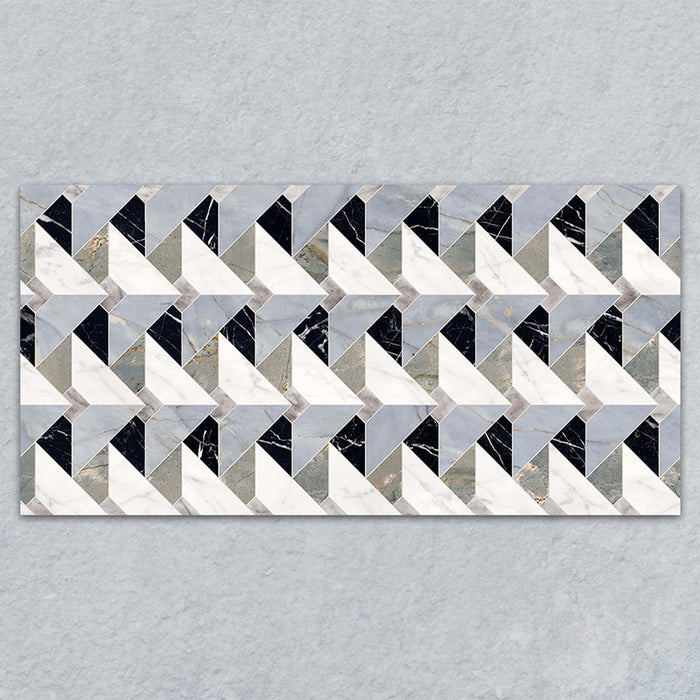 Bassano Diamond Tips 3D Décor 60 × 120cm patterned wall and floor tile featuring geometric diamond detailing in marble-effect grey, white, and black tones with a bold contemporary decorative finish.