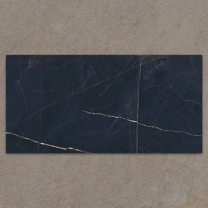 Bassano Precious Noir Lux 3D 60 × 120cm marble-effect wall and floor tile featuring deep black tones with dramatic gold veining and a luxurious contemporary polished finish.