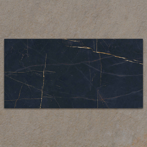 Bassano Precious Noir Lux 3D 60 × 120cm marble-effect wall and floor tile featuring deep black tones with dramatic gold veining and a luxurious contemporary polished finish.