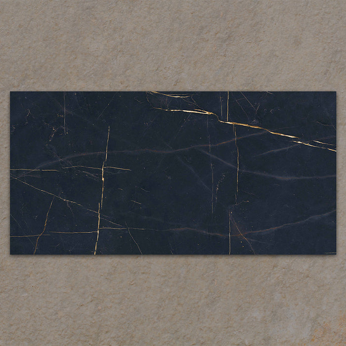 Bassano Precious Noir Lux 3D 60 × 120cm marble-effect wall and floor tile featuring deep black tones with dramatic gold veining and a luxurious contemporary polished finish.