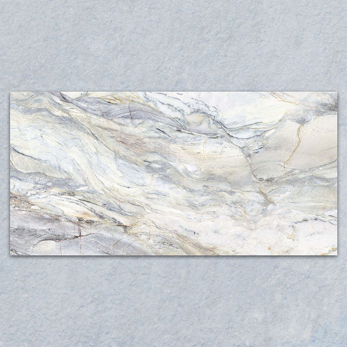 Bassano Quartz Lux 3D 60 × 120cm marble-effect wall and floor tile featuring soft white tones with flowing grey and gold veining and a luxurious contemporary polished finish.