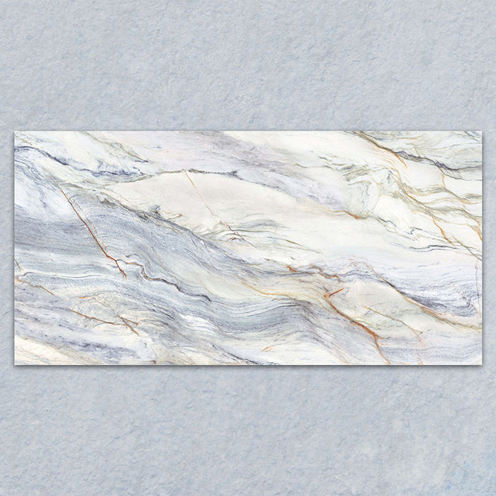 Bassano Quartz Lux 3D 60 × 120cm marble-effect wall and floor tile featuring soft white tones with flowing grey and gold veining and a luxurious contemporary polished finish.