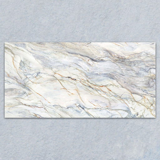 Bassano Quartz Lux 3D 60 × 120cm marble-effect wall and floor tile featuring soft white tones with flowing grey and gold veining and a luxurious contemporary polished finish.