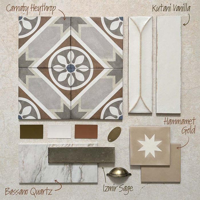 Moodboard featuring Bassano Quartz Lux 3D 60 × 120cm marble-effect wall and floor tiles, paired with neutral patterned tiles, sage green tones, warm beige finishes, brass accents, and contemporary textured surfaces.