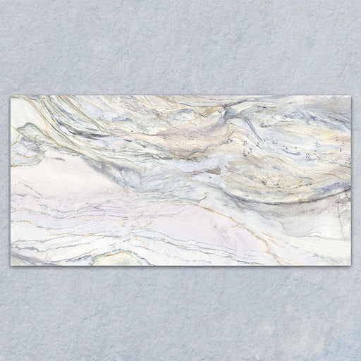 Bassano Quartz Lux 3D 60 × 120cm marble-effect wall and floor tile featuring flowing white, grey, and subtle gold veining with a luxurious contemporary polished finish.