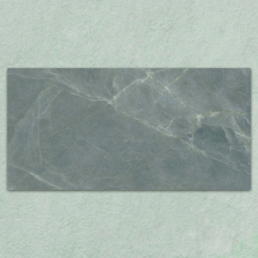 Bassano Sea Green Natural Matt 60 × 120cm marble-effect wall and floor tile featuring soft sea green tones, subtle natural veining, and a contemporary matt stone-inspired finish.