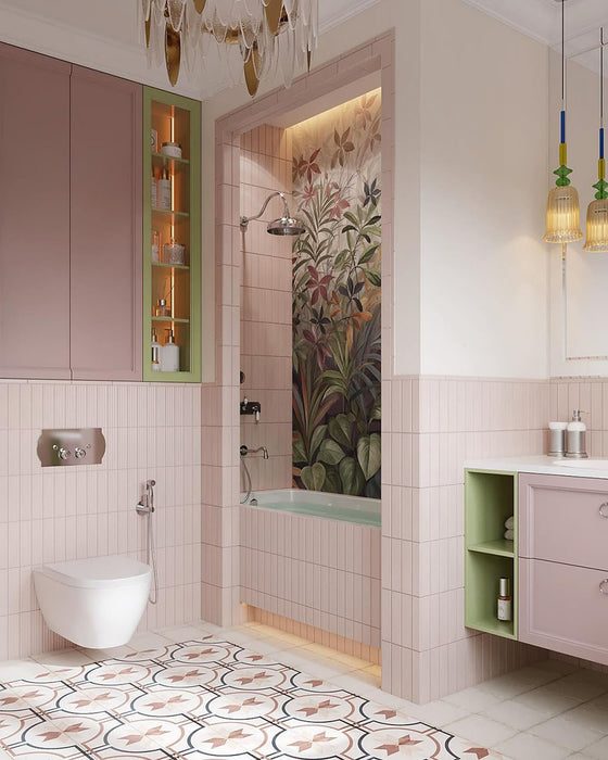 Bathroom interior featuring Rippled Brick Base 5 x 20cm wall tiles in Stony Pink with a gloss finish, installed vertically to enhance height and texture, paired with soft blush cabinetry, warm metallic accents, and a patterned floor to create a calm yet characterful space.