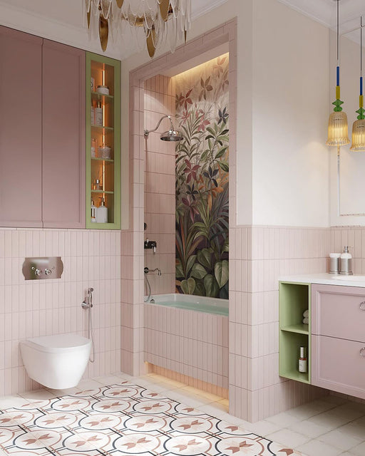Bathroom interior featuring Carnaby Rose 20 x 20cm Victorian style floor tiles, showcasing a soft geometric pattern in blush and neutral tones, paired with vertically stacked blush wall tiles, pastel cabinetry, and layered textures to create a warm, contemporary take on classic design.